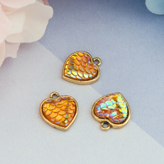 Picture of Zinc Based Alloy Mermaid Fish/ Dragon Scale Charms Heart Gold Tone Antique Gold Orange AB Color 16mm( 5/8") x 14mm( 4/8"), 10 PCs
