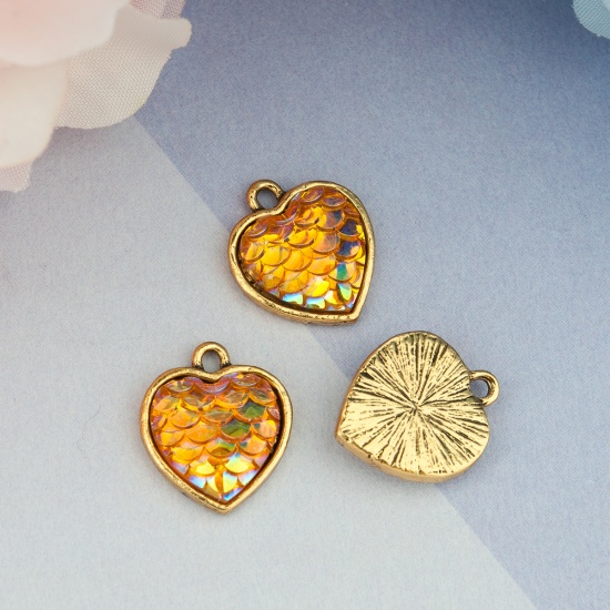 Picture of Zinc Based Alloy Mermaid Fish/ Dragon Scale Charms Heart Gold Tone Antique Gold Orange AB Color 16mm( 5/8") x 14mm( 4/8"), 10 PCs