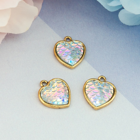 Picture of Zinc Based Alloy & Resin Mermaid Fish/ Dragon Scale Charms Heart Gold Tone Antique Gold White AB Color 16mm( 5/8") x 14mm( 4/8"), 10 PCs