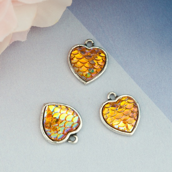 Picture of Zinc Based Alloy & Resin Mermaid Fish/ Dragon Scale Charms Heart Antique Silver Orange AB Color 16mm( 5/8") x 14mm( 4/8"), 10 PCs