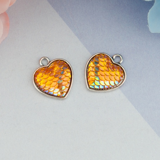 Picture of Zinc Based Alloy & Resin Mermaid Fish/ Dragon Scale Charms Heart Antique Silver Orange AB Color 21mm( 7/8") x 18mm( 6/8"), 10 PCs