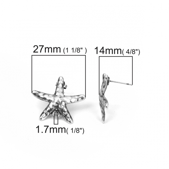 Immagine di Lega di Zinco Orecchini a Perno Tappi di Orecchini Stella di Mare Argento Antico W/ Loop 27mm x 24mm, Diametro Filo: (20 misura), 2 Pz