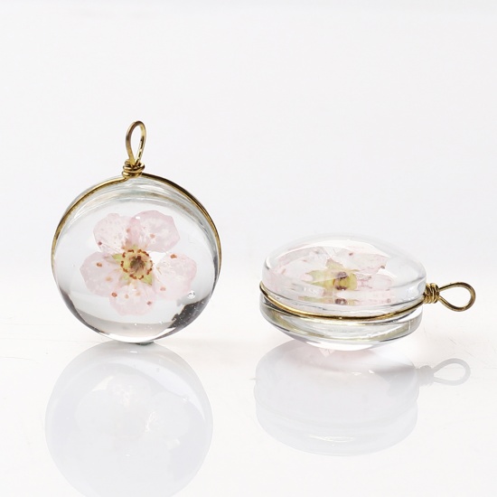 Bild von Kupfer + Glas Charms Rund Getrocknete Blumen Rosa Transparent 19mm x 14mm, 2 Stück
