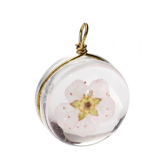 Picture of Copper & Glass Charms Round Dried Flower Pink Transparent 19mm x 14mm, 2 PCs