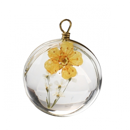 Picture of Copper & Glass Charms Round Dried Flower Orange Transparent 23mm x 18mm, 2 PCs