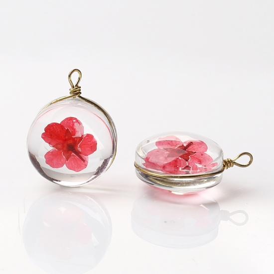 Picture of Copper & Glass Charms Round Dried Flower Fuchsia Transparent 19mm x 14mm, 2 PCs