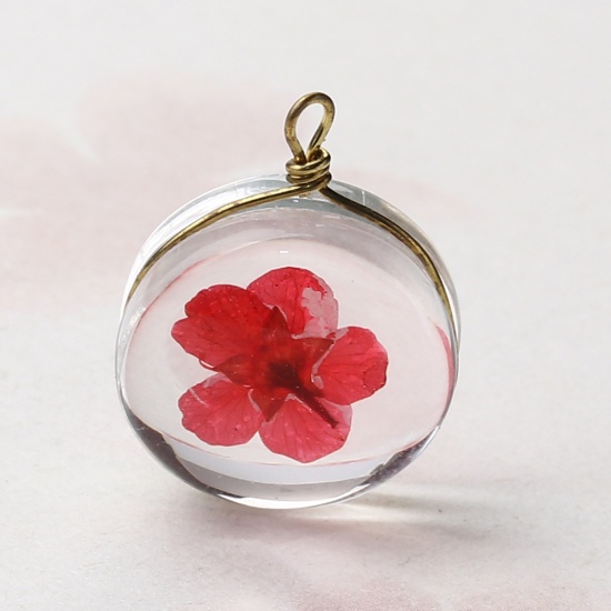 Picture of Copper & Glass Charms Round Dried Flower Fuchsia Transparent 19mm x 14mm, 2 PCs