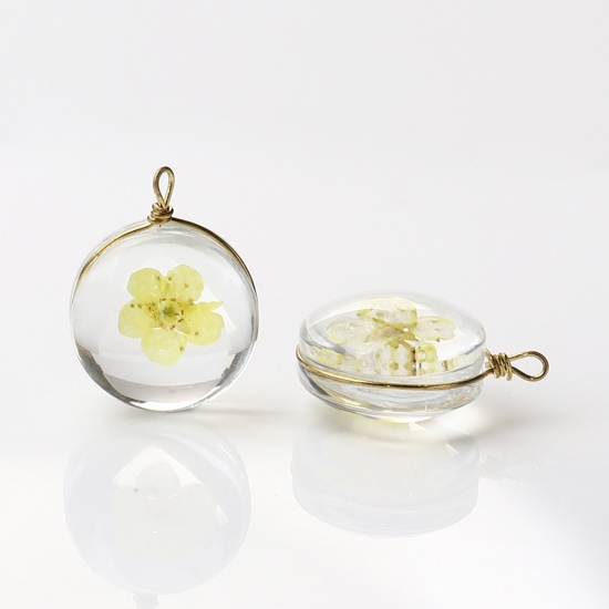 Bild von Kupfer + Glas Charms Rund Getrocknete Blumen Gelb Transparent 19mm x 14mm, 2 Stück