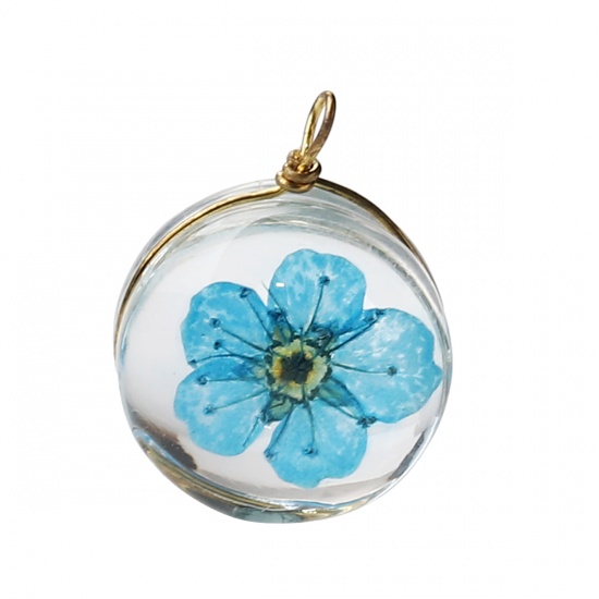 Bild von Kupfer + Glas Charms Rund Getrocknete Blumen Azurblau Transparent 19mm x 14mm, 2 Stück