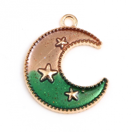 Picture of Zinc Based Alloy Galaxy Charms Half Moon Gold Plated Blue & Green Star Glitter Enamel 23mm( 7/8") x 19mm( 6/8"), 20 PCs