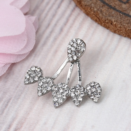 Picture of Acrylic Ear Jacket Stud Earrings Silver Tone Drop Clear Rhinestone 24mm x22mm(1" x 7/8") 8mm x6mm( 3/8" x 2/8"), Post/ Wire Size: (20 gauge), 1 Piece