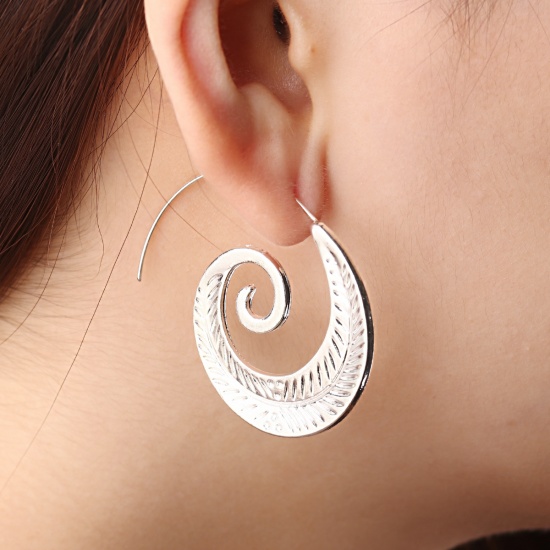 Picture of Hoop Earrings Silver Plated Spiral Leaf 43mm(1 6/8") x 40mm(1 5/8"), Post/ Wire Size: (21 gauge), 1 Pair