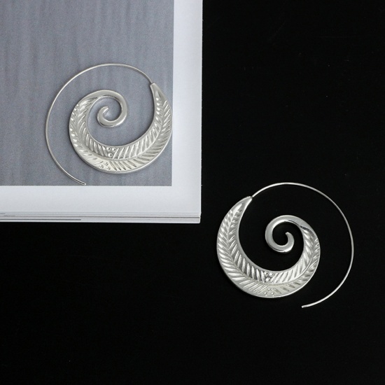 Picture of Hoop Earrings Silver Plated Spiral Leaf 43mm(1 6/8") x 40mm(1 5/8"), Post/ Wire Size: (21 gauge), 1 Pair