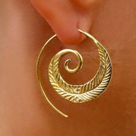 Picture of Hoop Earrings Gold Plated Spiral Leaf 43mm(1 6/8") x 40mm(1 5/8"), Post/ Wire Size: (21 gauge), 1 Pair