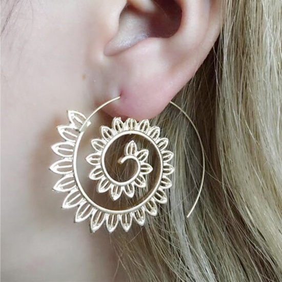 Immagine di orecchino cerchio Tono Argento Fiore Di Loto Spirale 43mm x 40mm, Diametro Filo: (21 misura), 1 Paio