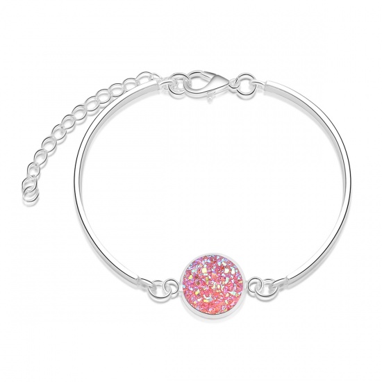 Picture of Resin Druzy/ Drusy Bracelets Silver Plated Pink Round AB Color 17cm(6 6/8") long, 1 Piece