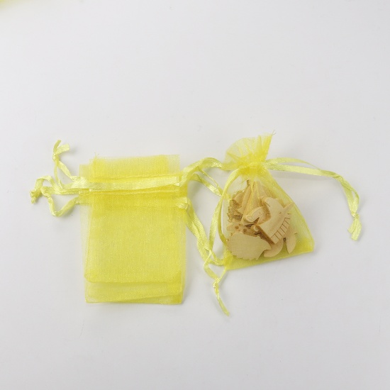 Picture of Organza Jewelry Bags Drawstring Rectangle Yellow (Usable Space: 5.5x5cm) 7cm(2 6/8") x 5cm(2"), 50 PCs