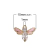 Picture of Brass Charms Bee Animal 18K Real Gold Plated Pink Enamel Clear Acrylic 15mm( 5/8") x 11mm( 3/8"), 2 PCs                                                                                                                                                       