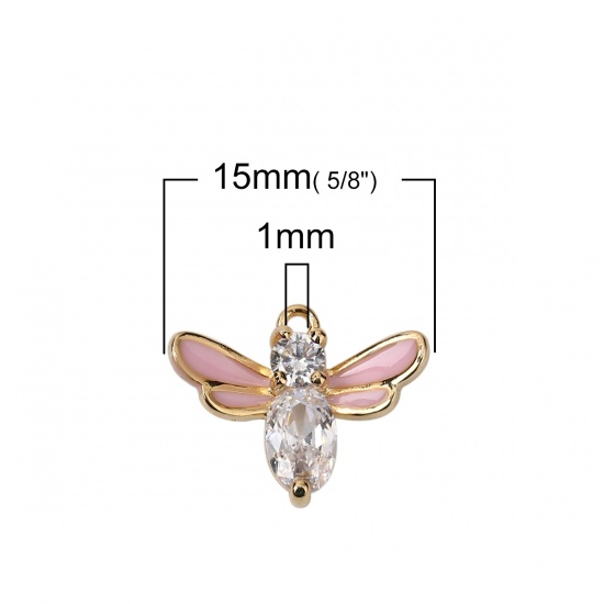 Picture of Brass Charms Bee Animal 18K Real Gold Plated Pink Enamel Clear Acrylic 15mm( 5/8") x 11mm( 3/8"), 2 PCs