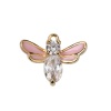 Picture of Brass Charms Bee Animal 18K Real Gold Plated Pink Enamel Clear Acrylic 15mm( 5/8") x 11mm( 3/8"), 2 PCs                                                                                                                                                       