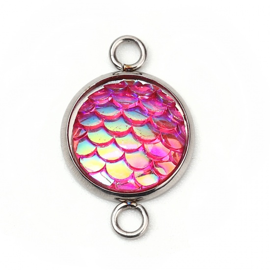 Picture of 304 Stainless Steel & Resin Mermaid Fish/ Dragon Scale Connectors Round Silver Tone Fuchsia AB Color 22mm( 7/8") x 14mm( 4/8"), 10 PCs”