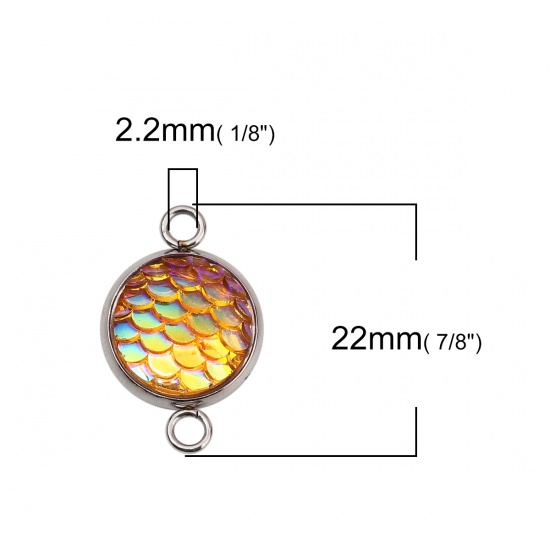 Picture of 304 Stainless Steel & Resin Mermaid Fish/ Dragon Scale Connectors Round Silver Tone Yellow AB Color 22mm( 7/8") x 14mm( 4/8"), 10 PCs”