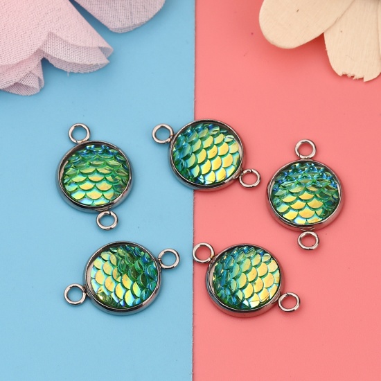 Picture of 304 Stainless Steel & Resin Mermaid Fish/ Dragon Scale Connectors Round Silver Tone Green AB Color 22mm( 7/8") x 14mm( 4/8"), 10 PCs”