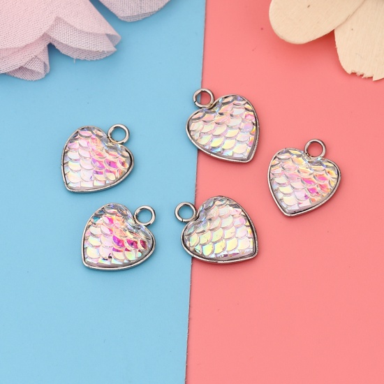 Picture of 304 Stainless Steel & Resin Mermaid Fish/ Dragon Scale Charms Heart Silver Tone White AB Color 16mm( 5/8") x 13mm( 4/8"), 10 PCs”