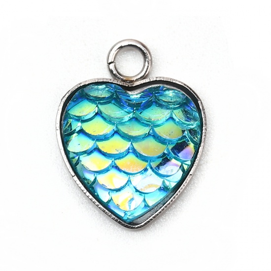 Bild von 304 Edelstahl & Harz Meerjungfrau/Drachen Fischschuppen Charms Stern Silberfarbe Cyan AB Farbe 16mm x 13mm, 10 Stück”