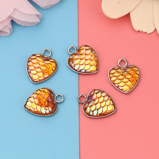 Picture of 304 Stainless Steel & Resin Mermaid Fish/ Dragon Scale Charms Heart Silver Tone Yellow AB Color 16mm( 5/8") x 13mm( 4/8"), 10 PCs”