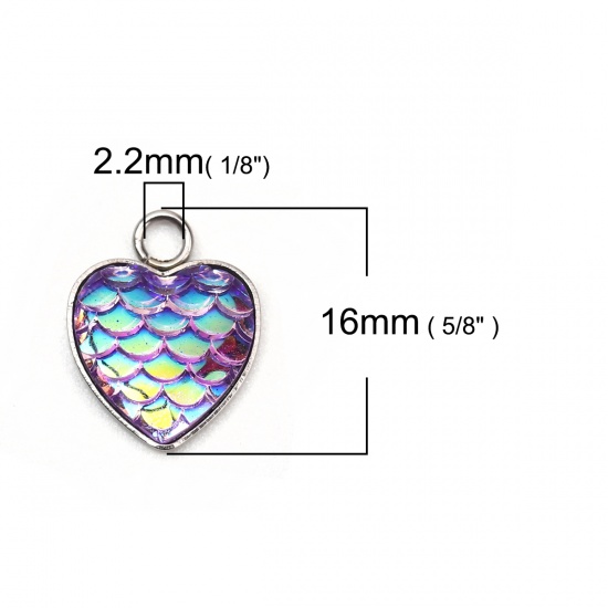 Bild von 304 Edelstahl & Harz Meerjungfrau/Drachen Fischschuppen Charms Herz Silberfarbe Lila AB Farbe 16mm x 13mm, 10 Stück”