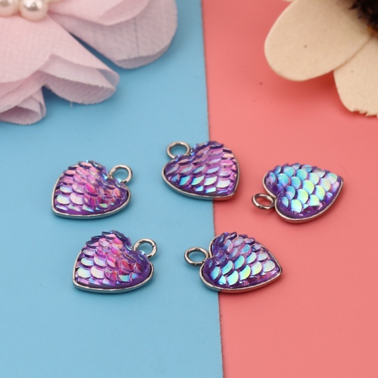 Bild von 304 Edelstahl & Harz Meerjungfrau/Drachen Fischschuppen Charms Herz Silberfarbe Lila AB Farbe 16mm x 13mm, 10 Stück”