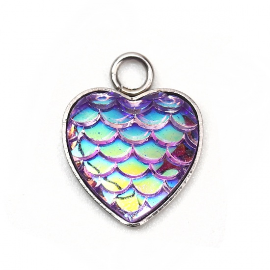 Bild von 304 Edelstahl & Harz Meerjungfrau/Drachen Fischschuppen Charms Herz Silberfarbe Lila AB Farbe 16mm x 13mm, 10 Stück”