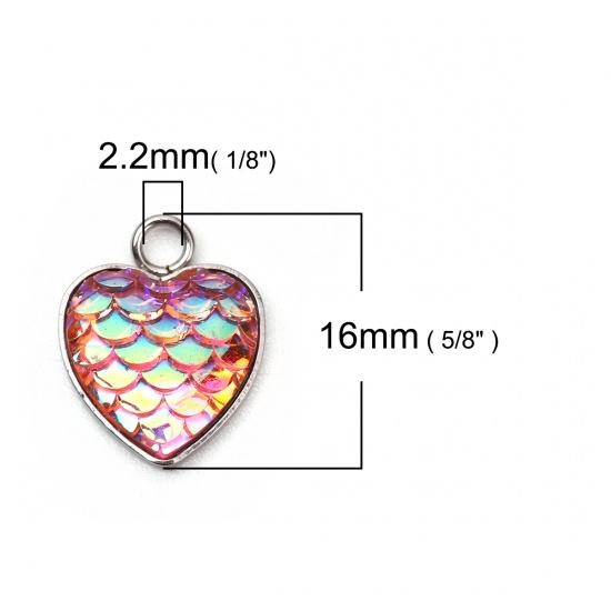 Bild von 304 Edelstahl & Harz Meerjungfrau/Drachen Fischschuppen Charms Herz Silberfarbe Rosa AB Farbe 16mm x 13mm, 10 Stück”