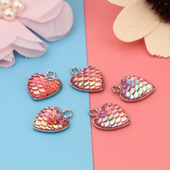 Bild von 304 Edelstahl & Harz Meerjungfrau/Drachen Fischschuppen Charms Herz Silberfarbe Rosa AB Farbe 16mm x 13mm, 10 Stück”