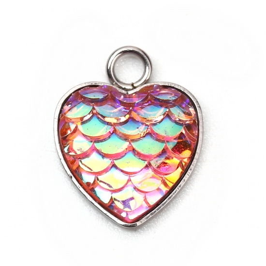 Bild von 304 Edelstahl & Harz Meerjungfrau/Drachen Fischschuppen Charms Herz Silberfarbe Rosa AB Farbe 16mm x 13mm, 10 Stück”