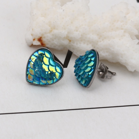 Picture of 304 Stainless Steel & Resin Mermaid Fish/ Dragon Scale Ear Post Stud Earrings Silver Tone Green Blue Heart AB Color 13mm( 4/8") x 13mm( 4/8"), Post/ Wire Size: (20 gauge), 1 Pair”