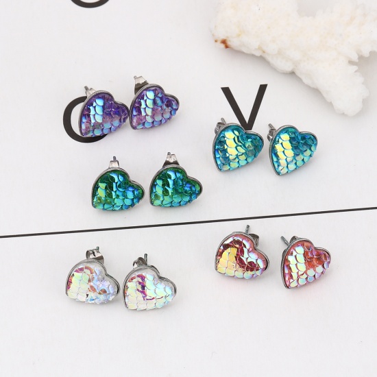 Picture of 304 Stainless Steel & Resin Mermaid Fish/ Dragon Scale Ear Post Stud Earrings Silver Tone Green Blue Heart AB Color 13mm( 4/8") x 13mm( 4/8"), Post/ Wire Size: (20 gauge), 1 Pair”