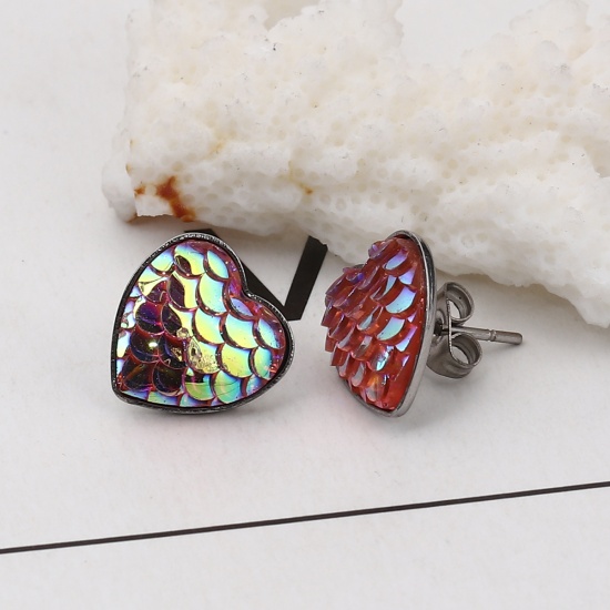 Picture of 304 Stainless Steel & Resin Mermaid Fish/ Dragon Scale Ear Post Stud Earrings Silver Tone Pink Heart AB Color 13mm( 4/8") x 13mm( 4/8"), Post/ Wire Size: (20 gauge), 1 Pair”