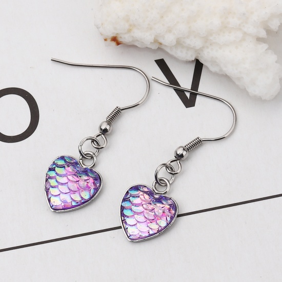 Picture of 304 Stainless Steel & Resin Mermaid Fish/ Dragon Scale Earrings Silver Tone Purple Heart AB Color 39mm(1 4/8") x 13mm( 4/8"), Post/ Wire Size: (21 gauge), 1 Pair”