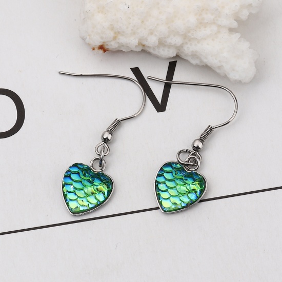 Picture of 304 Stainless Steel & Resin Mermaid Fish/ Dragon Scale Earrings Silver Tone Green Heart AB Color 39mm(1 4/8") x 13mm( 4/8"), Post/ Wire Size: (21 gauge), 1 Pair”