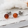 Picture of 316 Stainless Steel Ear Post Stud Earrings Silver Tone Brown Red Synthetic Agate Ball Transparent 6mm( 2/8") Dia., Post/ Wire Size: (21 gauge), 1 Pair”