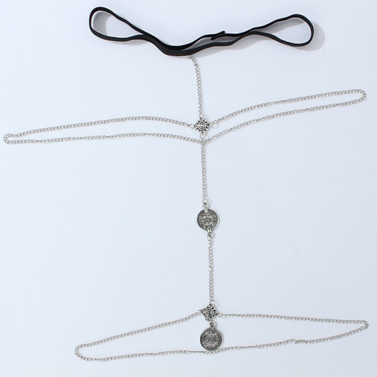 Picture of Boho Chic Body Leg Bracelet Chain Necklace Silver Tone Flower Coin Tassel 52cm(20 4/8") long 45cm(17 6/8") long, 1 Piece