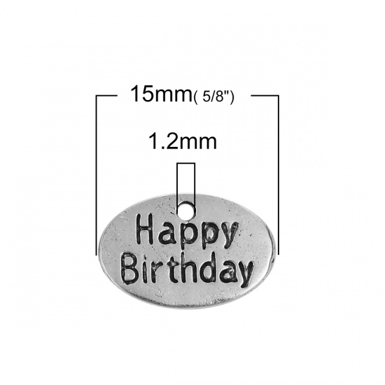 Immagine di Lega di Zinco Charms Ovale Argento Antico Messaggio " HAPPY BIRTHDAY " 15mm x 10mm , 20 Pz