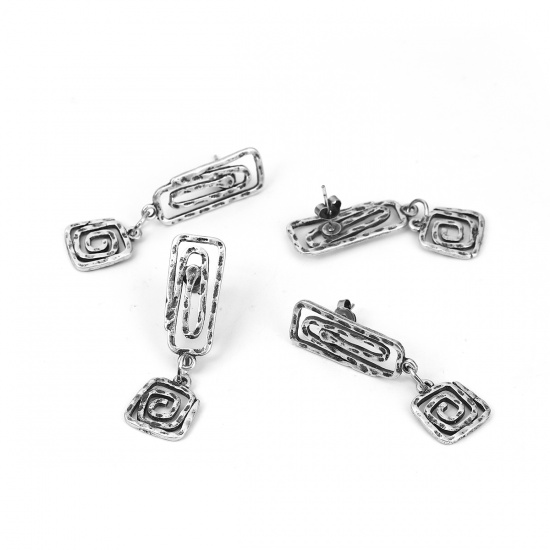 Picture of Zinc Based Alloy Ear Post Stud Earrings Findings Rectangle Antique Silver Spiral Pattern 46mm x 13mm, Post/ Wire Size: (21 gauge), 2 PCs