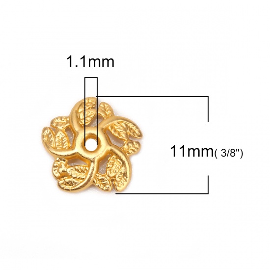 Immagine di Lega di Zinco Coppette Copriperla Fiore Oro Opaco Foglia Disegno (Addetti 14mm Perline) 11mm x 11mm, 10 Pz