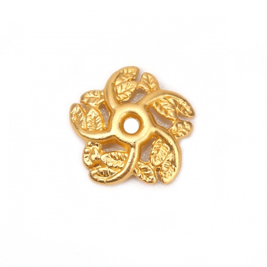 Immagine di Lega di Zinco Coppette Copriperla Fiore Oro Opaco Foglia Disegno (Addetti 14mm Perline) 11mm x 11mm, 10 Pz