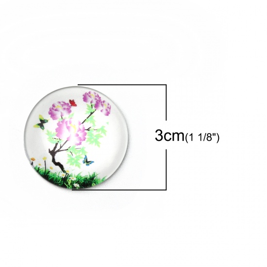 Image de Cabochon Dôme en Verre Rond Dos Plat Violet Fleurs Transparent 30mm Dia, 3 Pcs