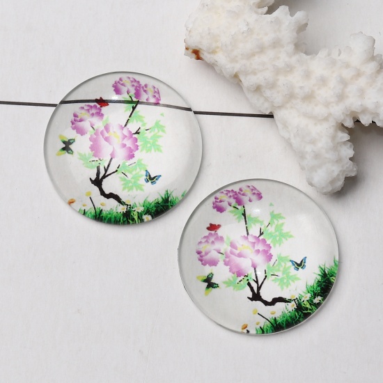 Image de Cabochon Dôme en Verre Rond Dos Plat Violet Fleurs Transparent 30mm Dia, 3 Pcs