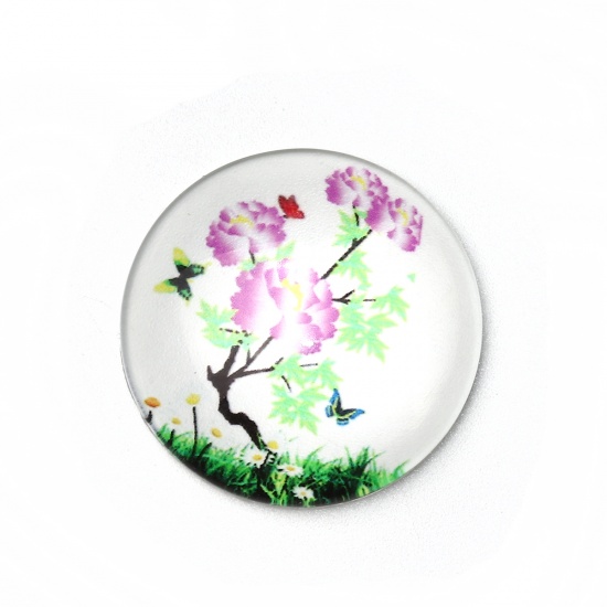 Image de Cabochon Dôme en Verre Rond Dos Plat Violet Fleurs Transparent 30mm Dia, 3 Pcs